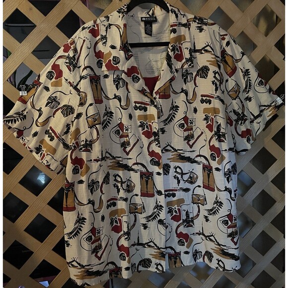 MAGGIE BARNES Autumn & Vacation Art Ecru Tunic Crimson Inset Size 32W - Picture 2 of 8